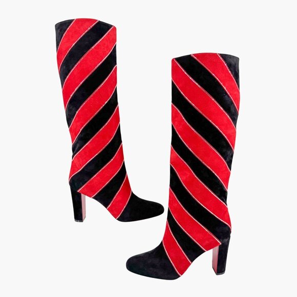Christian Louboutin Gael Knee High Boot Size 39.5 US 9.5 Black Red Stripe Strass - Picture 11 of 15